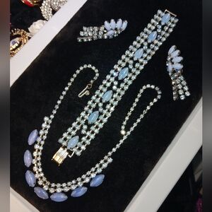 Vintage Parure Blue Milk Glass with Rhinestone Set Necklace Bracelet Ear…